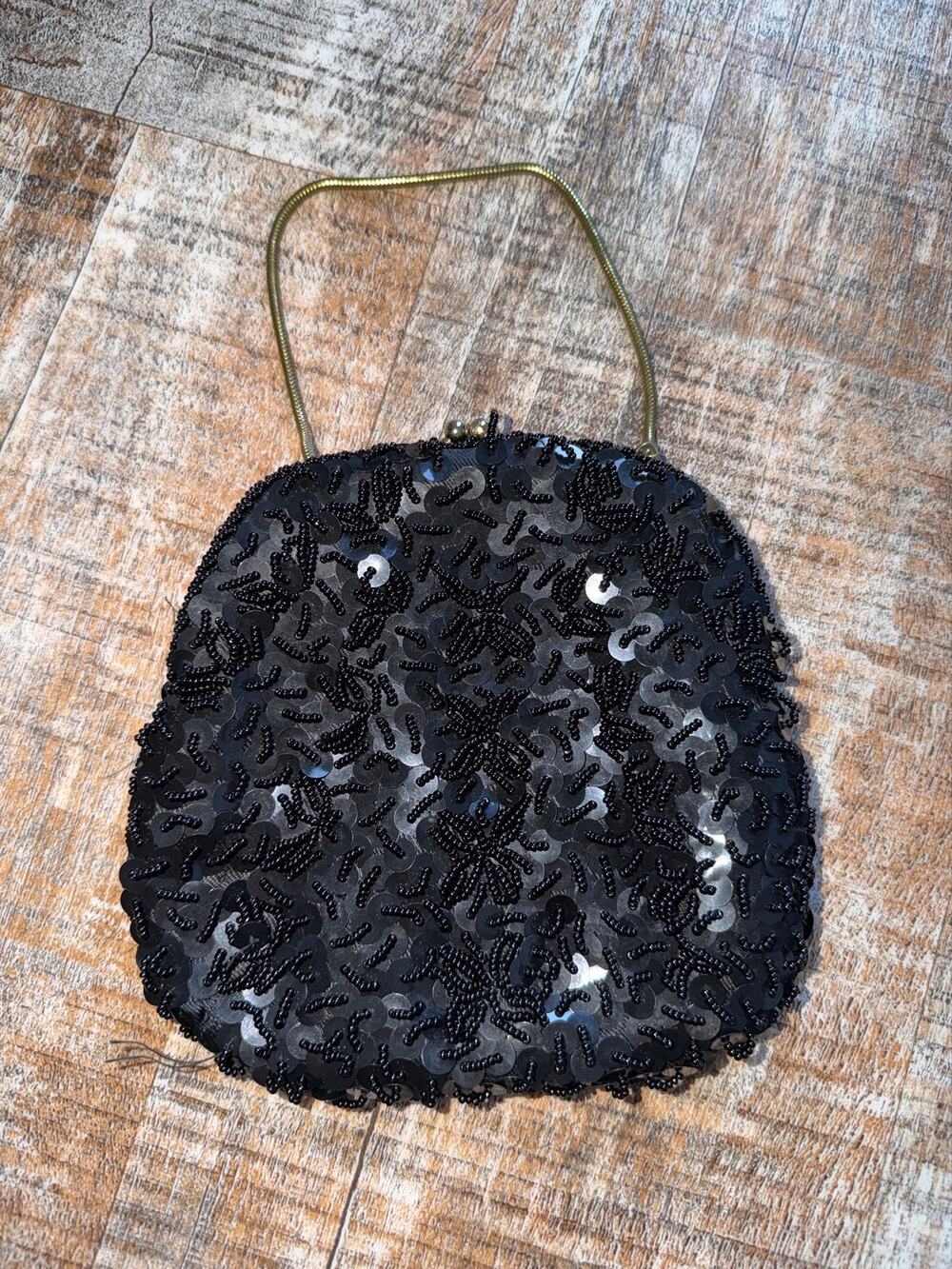 Vintage Black Beaded Sequin Evening Clutch Bag with Gold Strap